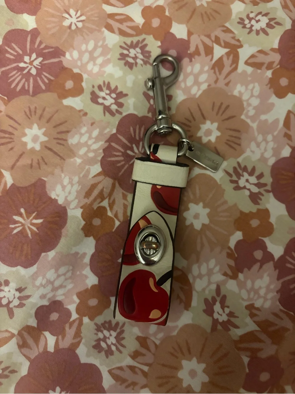 Coach Cream Leather Key holder or purse extender with Red Cherry Motif